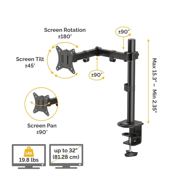 Alt view image 3 of 7 - Everyday Adjustable Single Monitor Arm Supports Screens up to 32" Weighing 19.84 lbs, Tilt, Swivel, Rotate, VESA 75/100, Clamp or Grommet Mount, Cable Management