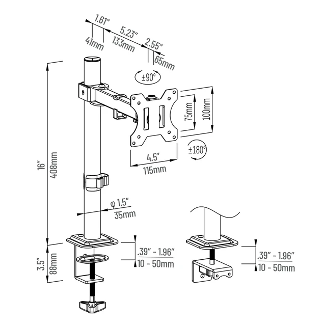 Alt view image 3 of 7 - Single Monitor Desk Mount for 1332 Inch Screens, Adjustable Arm with 180° Rotation, ±90° Swivel, ±45° Tilt, VESA 75x75/100x100, Integrated Cable Management, Up to 17.6 lbs Load, Black