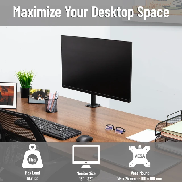 Alt view image 2 of 7 - Single Monitor Desk Mount for 1332 Inch Screens, Adjustable Arm with 180° Rotation, ±90° Swivel, ±45° Tilt, VESA 75x75/100x100, Integrated Cable Management, Up to 17.6 lbs Load, Black