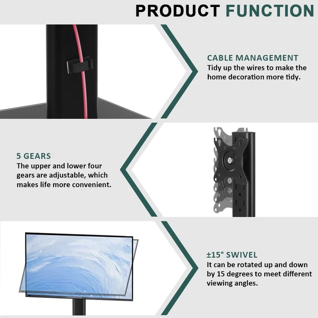 Alt view image 7 of 7 - Monitor Stand for 13"32" Screens Swivel Computer Monitor Holder Freestanding 5 Height Adjustable TV Stand VESA 80x80mm/95x95mm Holds up to 77lbs