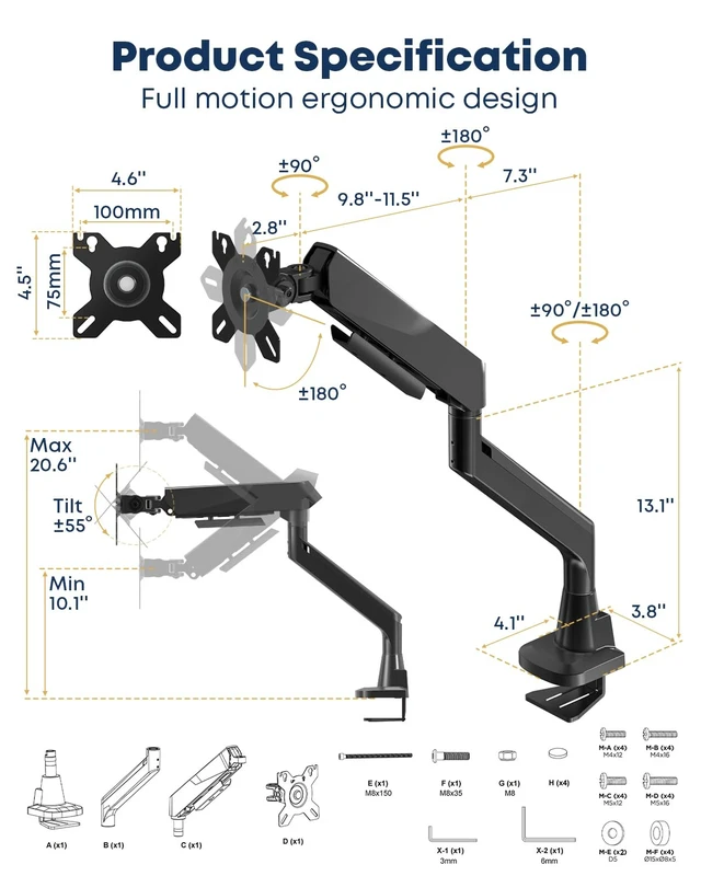 Alt view image 4 of 7 - Monitor Arm fits 17-49 Inch Heavy Duty Flat/Curved Monitor | Cable Management, Full Motion, Gas Spring Arm, Holds 35.2 lbs with Clamp & Grommet Desk Mount, VESA 75/100mm, Black
