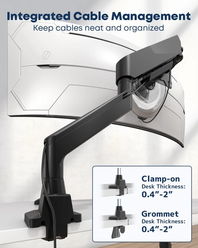 Alt view image 6 of 7 - Monitor Arm fits 17-49 Inch Heavy Duty Flat/Curved Monitor | Cable Management, Full Motion, Gas Spring Arm, Holds 35.2 lbs with Clamp & Grommet Desk Mount, VESA 75/100mm, Black