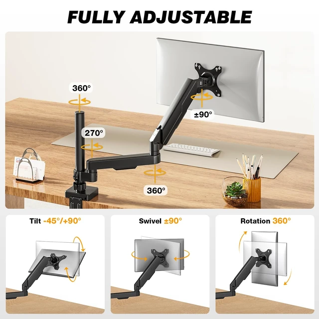 Alt view image 3 of 7 - Single Monitor Stand & Monitor Arm Desk Mount up to 35 Inches | Fully Adjustable Heavy Duty Monitor Mount for Screen Ergonomic VESA Mount with C-Clamp/Grommet Base, Cable Management