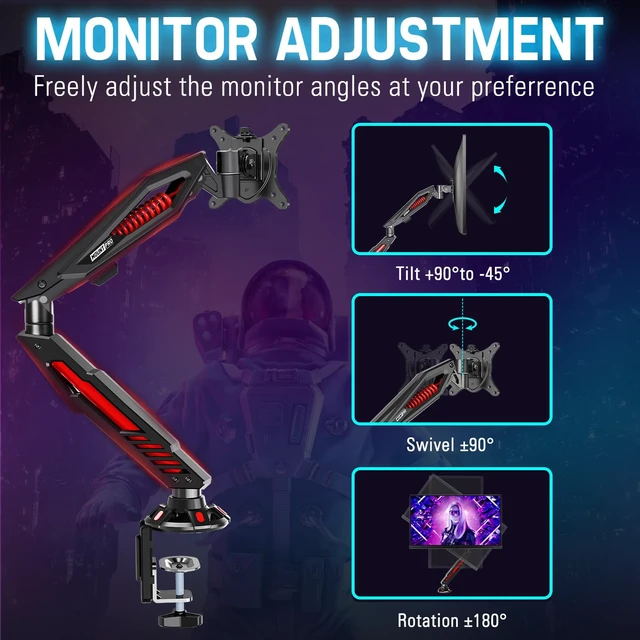 Alt view image 5 of 7 - Single Gaming Monitor Stand - Mechanical Spring Display Mount, Adjustable Gaming Monitor Arm with C Clamp and Grommet Mounting Base - Fits for Computer Screen up to 32, VESA 75x75, 100x100