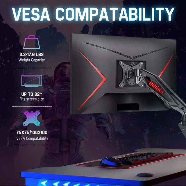 Alt view image 6 of 7 - Single Gaming Monitor Stand - Mechanical Spring Display Mount, Adjustable Gaming Monitor Arm with C Clamp and Grommet Mounting Base - Fits for Computer Screen up to 32, VESA 75x75, 100x100