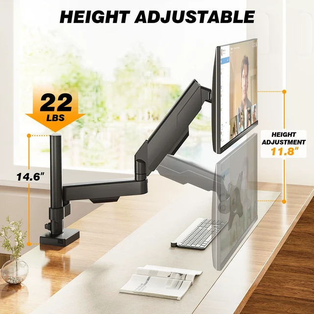 Alt view image 6 of 7 - Single Monitor Stand & Monitor Arm Desk Mount up to 35 Inches | Fully Adjustable Heavy Duty Monitor Mount for Screen Ergonomic VESA Mount with C-Clamp/Grommet Base, Cable Management
