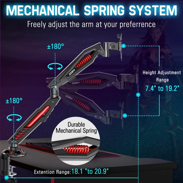 Alt view image 4 of 7 - Single Gaming Monitor Stand - Mechanical Spring Display Mount, Adjustable Gaming Monitor Arm with C Clamp and Grommet Mounting Base - Fits for Computer Screen up to 32, VESA 75x75, 100x100