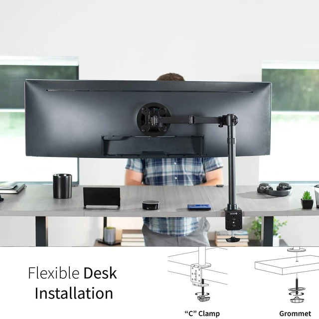 Alt view image 4 of 7 - Single Large Monitor Arm Desk Mount, Holds Screens up to 45 inch Ultrawide, Fully Adjustable Stand with C-Clamp and Grommet Base, VESA 75x75mm or 100x100mm, Black, STAND-V149