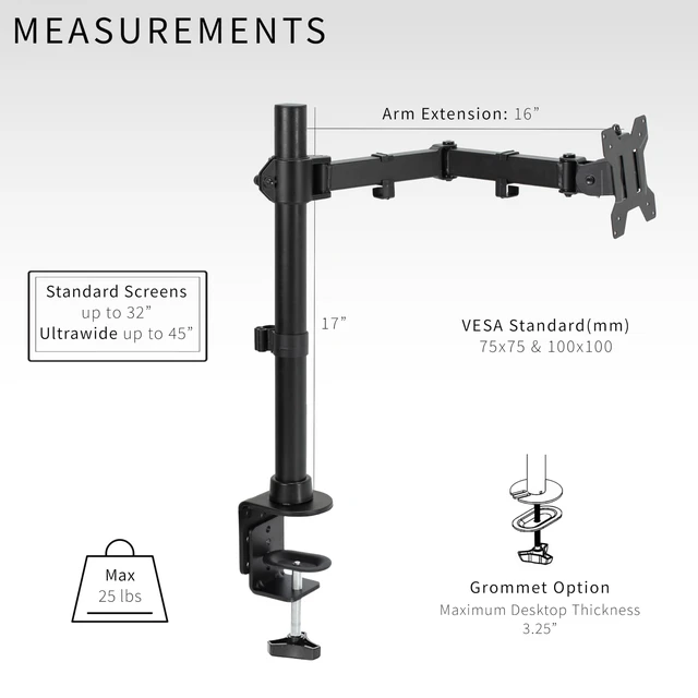 Alt view image 6 of 7 - Single Large Monitor Arm Desk Mount, Holds Screens up to 45 inch Ultrawide, Fully Adjustable Stand with C-Clamp and Grommet Base, VESA 75x75mm or 100x100mm, Black, STAND-V149
