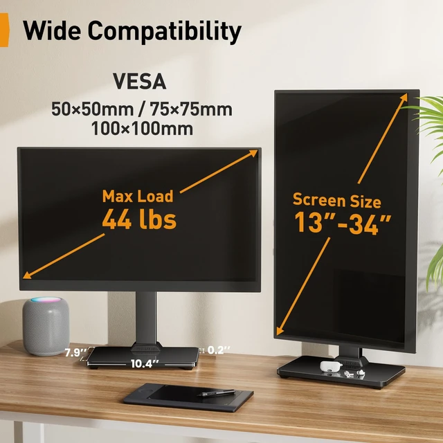 Alt view image 2 of 7 - Single Monitor Stand for 1334 inch Screens up to 44 lbs | Heavy-duty steel, swivel, tool-free tilt, 360° rotation, 5 height settings, cable management, max VESA 100x100mm, home office
