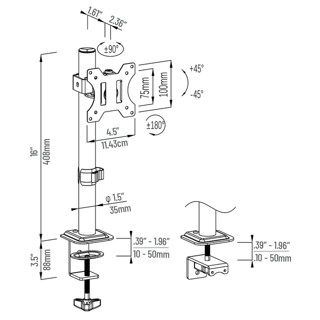 Alt view image 3 of 7 - Single Monitor Desk Mount for 13"-32" Screens, VESA 75x75/100x100, 180° Rotation, ±90° Swivel, ±45° Tilt, 17.6 lb Load Capacity, Cable Management, Quick Release, Black