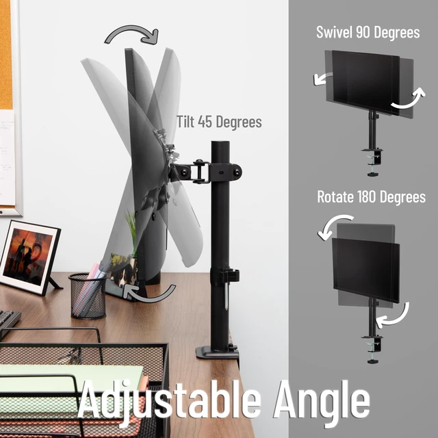 Alt view image 4 of 7 - Single Monitor Desk Mount for 13"-32" Screens, VESA 75x75/100x100, 180° Rotation, ±90° Swivel, ±45° Tilt, 17.6 lb Load Capacity, Cable Management, Quick Release, Black