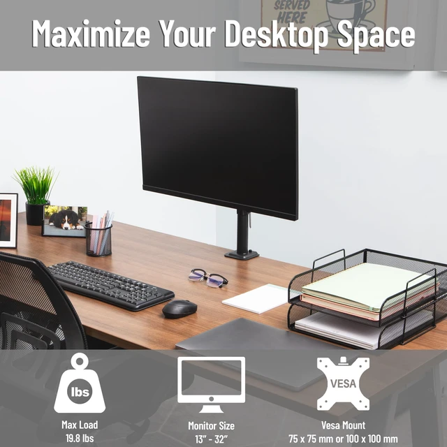 Alt view image 2 of 7 - Single Monitor Desk Mount for 13"-32" Screens, VESA 75x75/100x100, 180° Rotation, ±90° Swivel, ±45° Tilt, 17.6 lb Load Capacity, Cable Management, Quick Release, Black