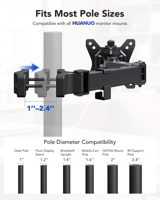 Alt view image 3 of 7 - Pole Mount Monitor Arm for 13-32" Screens, Pole Not Included | VESA Mount Bracket Fits Existing and Desk Pole, Office or Gaming Setup, Rack, Outdoor Pole, Holds 22 lbs, 14.88" reach