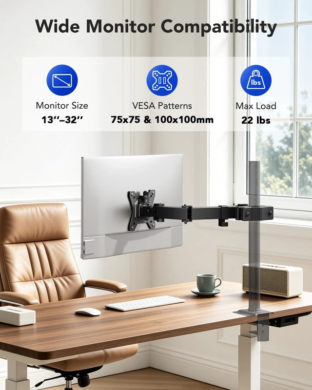 Alt view image 2 of 7 - Pole Mount Monitor Arm for 13-32" Screens, Pole Not Included | VESA Mount Bracket Fits Existing and Desk Pole, Office or Gaming Setup, Rack, Outdoor Pole, Holds 22 lbs, 14.88" reach