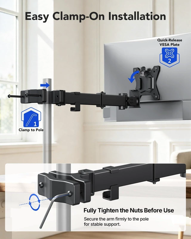 Alt view image 5 of 7 - Pole Mount Monitor Arm for 13-32" Screens, Pole Not Included | VESA Mount Bracket Fits Existing and Desk Pole, Office or Gaming Setup, Rack, Outdoor Pole, Holds 22 lbs, 14.88" reach