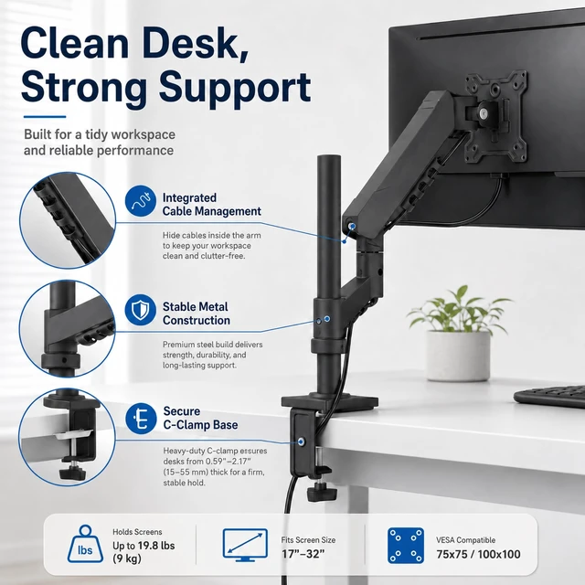 Alt view image 2 of 7 - Long Reach Monitor Arm, Single Arm Monitor Mount, 17-32 Inch, VESA | Computer monitor arm with long reach spring, VESA monitor mount 75x75/100x100, supports up to 19.8 lbs for flexible movement.