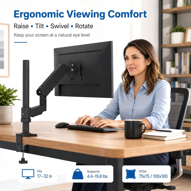 Alt view image 6 of 7 - Long Reach Monitor Arm, Single Arm Monitor Mount, 17-32 Inch, VESA | Computer monitor arm with long reach spring, VESA monitor mount 75x75/100x100, supports up to 19.8 lbs for flexible movement.