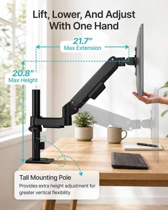Alt view image 7 of 7 - Single Monitor Arm for 17-32 Inch Screens, Holds up to19.8 lbs | Desk Monitor Mount with Clamp and Grommet Base,Mechanical Spring Monitor Stand,Full Motion Monitor Arms for Home Office