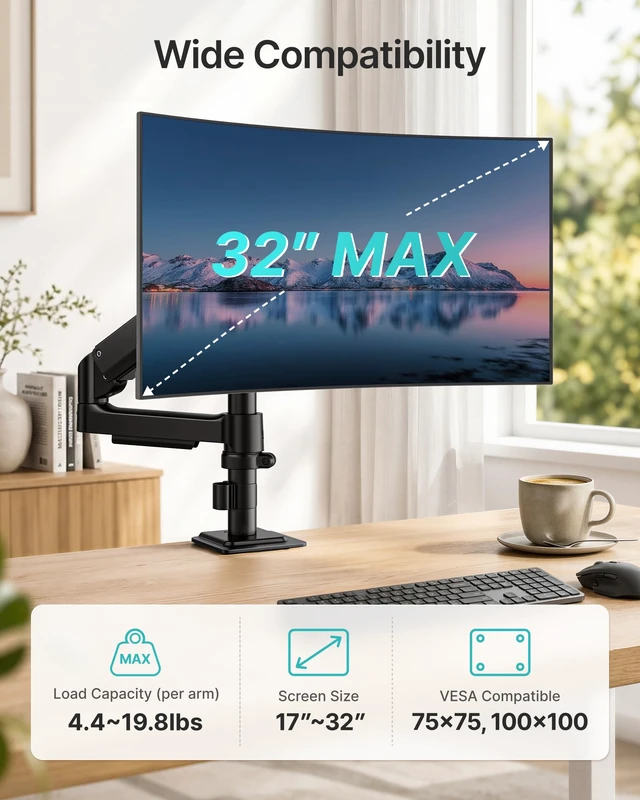 Alt view image 2 of 7 - Single Monitor Arm for 17-32 Inch Screens, Holds up to19.8 lbs | Desk Monitor Mount with Clamp and Grommet Base,Mechanical Spring Monitor Stand,Full Motion Monitor Arms for Home Office