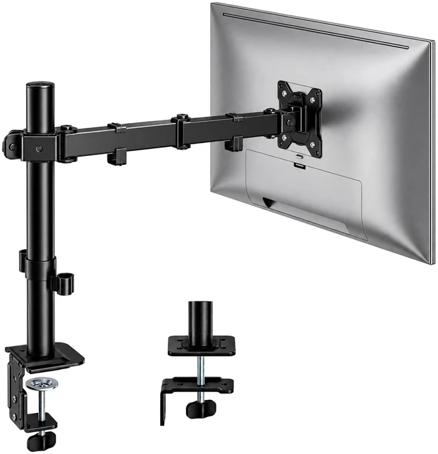 Main image of Extra-Long Monitor Arm for 17-32" Screens, 22 lbs | Articulating desk mount, extended reach, height adjustment, tilt, swivel, clamp/grommet bases and VESA 75/100