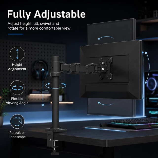 Alt view image 3 of 6 - Single Monitor Desk Mount, Adjustable Pole, 17-27 Inch, VESA 75/100 | Monitor mount with detachable arm sections and adjustable pole, VESA 75x75/100x100 fit, supports screens up to 19.8 lbs.