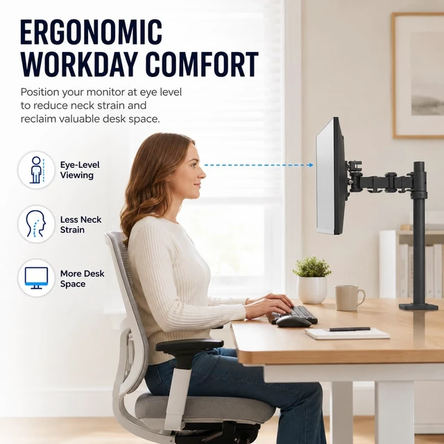 Alt view image 4 of 6 - Single Monitor Desk Mount, Adjustable Pole, 17-27 Inch, VESA 75/100 | Monitor mount with detachable arm sections and adjustable pole, VESA 75x75/100x100 fit, supports screens up to 19.8 lbs.