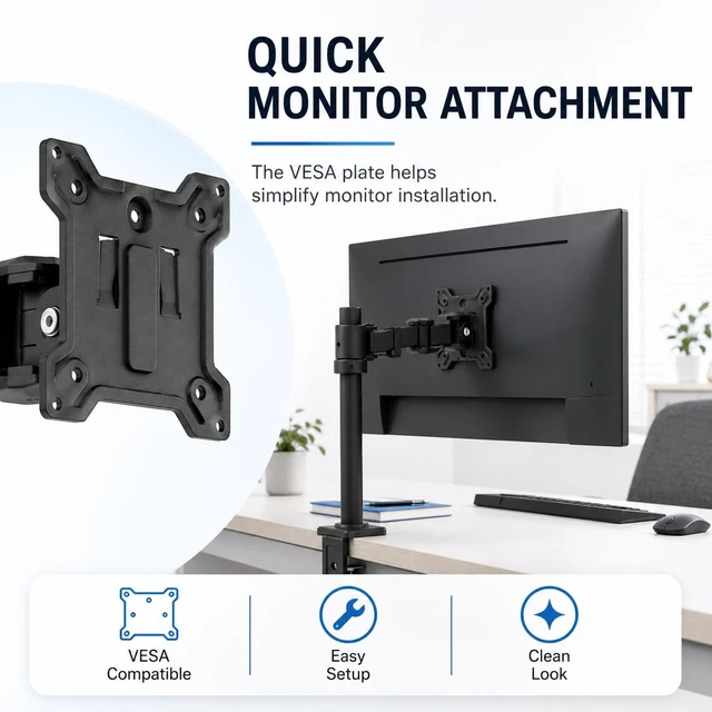 Alt view image 2 of 6 - Single Monitor Desk Mount, Adjustable Pole, 17-27 Inch, VESA 75/100 | Monitor mount with detachable arm sections and adjustable pole, VESA 75x75/100x100 fit, supports screens up to 19.8 lbs.