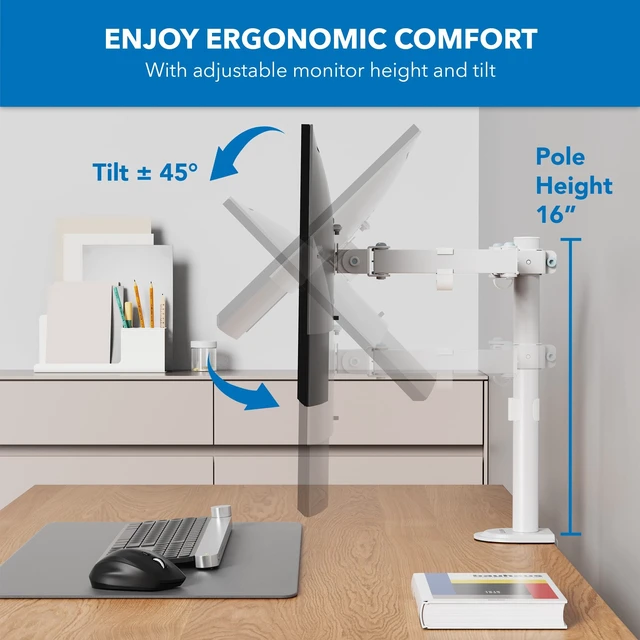 Alt view image 3 of 7 - Single Monitor Arm Desk Mount, 17-32 Inch Screens, VESA 100x100mm Full Motion Tilt Swivel Rotate, Holds up to 19.8 lbs, C-Clamp & Grommet Base, Cable Management, Home & Office Monitor Stand