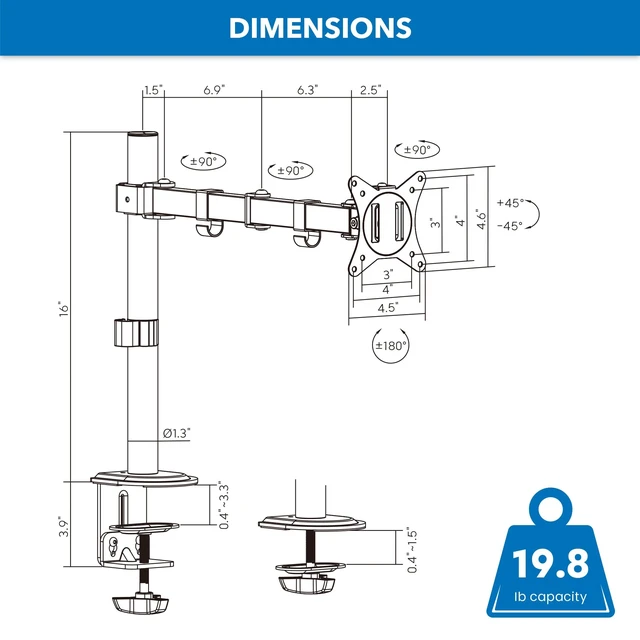 Alt view image 7 of 7 - Single Monitor Arm Desk Mount, 17-32 Inch Screens, VESA 100x100mm Full Motion Tilt Swivel Rotate, Holds up to 19.8 lbs, C-Clamp & Grommet Base, Cable Management, Home & Office Monitor Stand