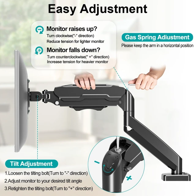 Alt view image 2 of 7 - Single Monitor Mount, Fully Adjustable Monitor Arm Fits Max 32" Screen | Gas Spring VESA Mount with Clamp & Grommet Base, Computer Desk Arm with Tilt Swivel Rotate, Holds up to 19.8lbs