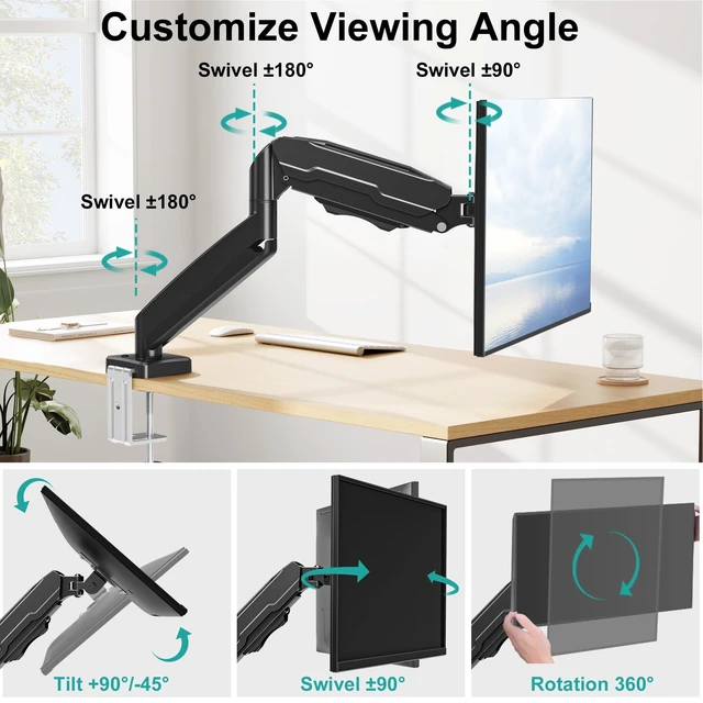 Alt view image 4 of 7 - Single Monitor Mount, Fully Adjustable Monitor Arm Fits Max 32" Screen | Gas Spring VESA Mount with Clamp & Grommet Base, Computer Desk Arm with Tilt Swivel Rotate, Holds up to 19.8lbs
