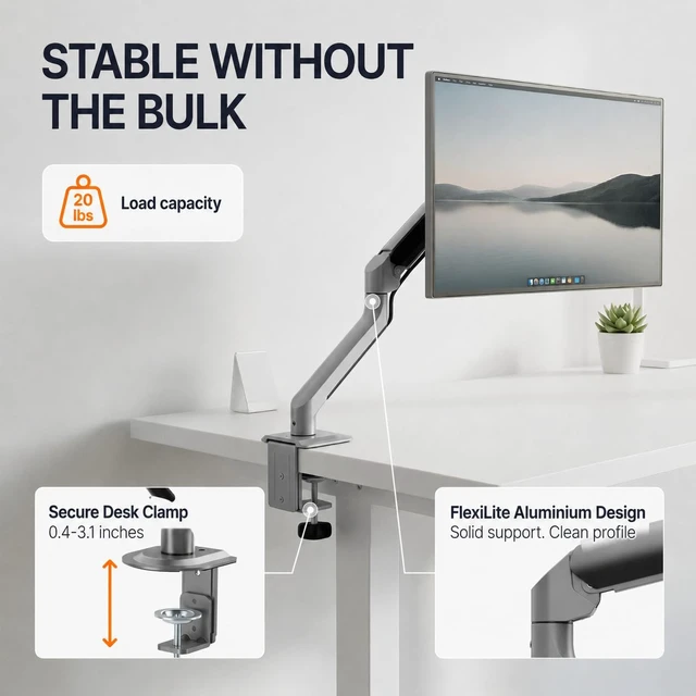 Alt view image 3 of 7 - FlexiLite Single Monitor Arm Desk Mount for 17-32" Screens, Holds up to 20 lbs, Slim Aluminium Design, Fully Adjustable & Flexible, Quick Box to Desk Setup, Clamp/Grommet Base, VESA 75/100