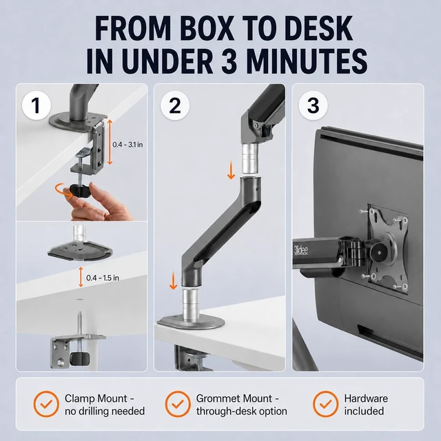 Alt view image 4 of 7 - FlexiLite Single Monitor Arm Desk Mount for 17-32" Screens, Holds up to 20 lbs, Slim Aluminium Design, Fully Adjustable & Flexible, Quick Box to Desk Setup, Clamp/Grommet Base, VESA 75/100