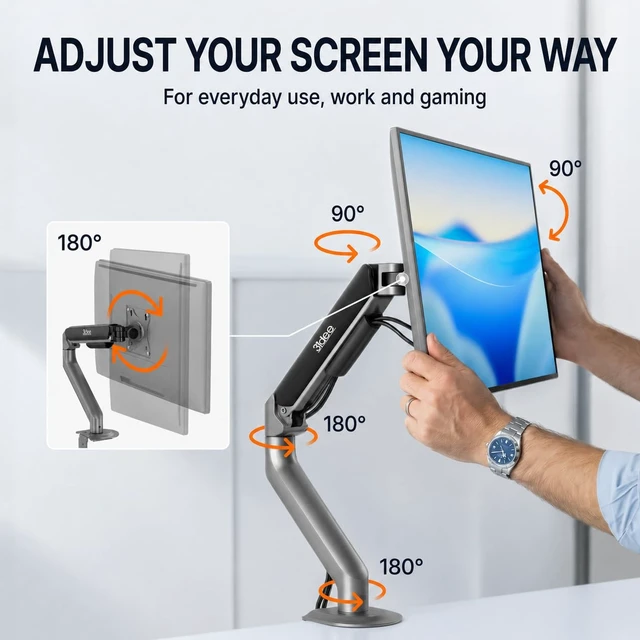 Alt view image 5 of 7 - FlexiLite Single Monitor Arm Desk Mount for 17-32" Screens, Holds up to 20 lbs, Slim Aluminium Design, Fully Adjustable & Flexible, Quick Box to Desk Setup, Clamp/Grommet Base, VESA 75/100