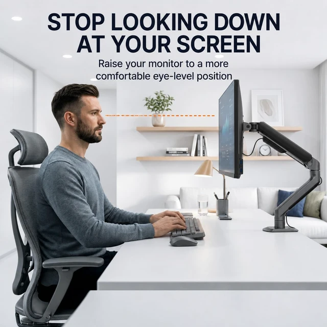 Alt view image 6 of 7 - FlexiLite Single Monitor Arm Desk Mount for 17-32" Screens, Holds up to 20 lbs, Slim Aluminium Design, Fully Adjustable & Flexible, Quick Box to Desk Setup, Clamp/Grommet Base, VESA 75/100