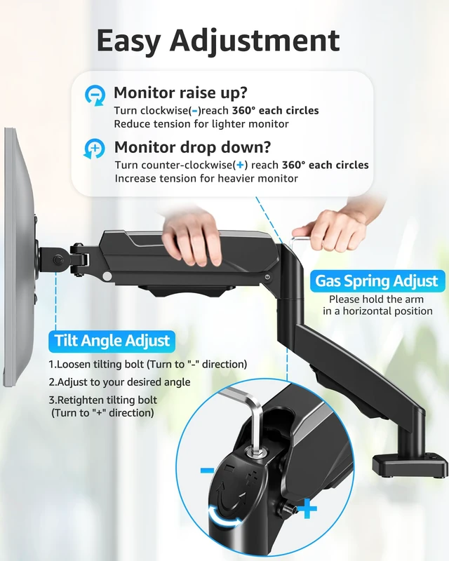 Alt view image 2 of 7 - Single Monitor Desk Mount Holds Screen up to 32 inch, Height Adjustable Monitor Arm, Full Motion Computer Monitors Stand with Clamp/Grommet Base, VESA Mounts Fit 4.4-19.8lbs Computer, Black