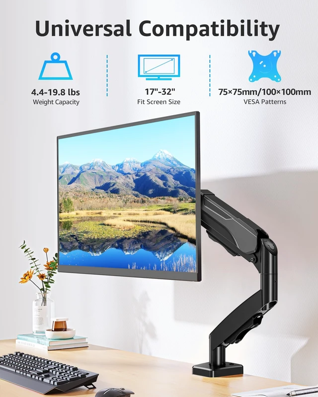 Alt view image 3 of 7 - Single Monitor Desk Mount Holds Screen up to 32 inch, Height Adjustable Monitor Arm, Full Motion Computer Monitors Stand with Clamp/Grommet Base, VESA Mounts Fit 4.4-19.8lbs Computer, Black
