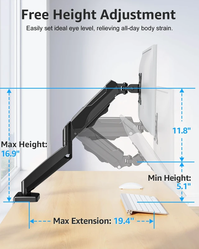 Alt view image 7 of 7 - Single Monitor Desk Mount Holds Screen up to 32 inch, Height Adjustable Monitor Arm, Full Motion Computer Monitors Stand with Clamp/Grommet Base, VESA Mounts Fit 4.4-19.8lbs Computer, Black