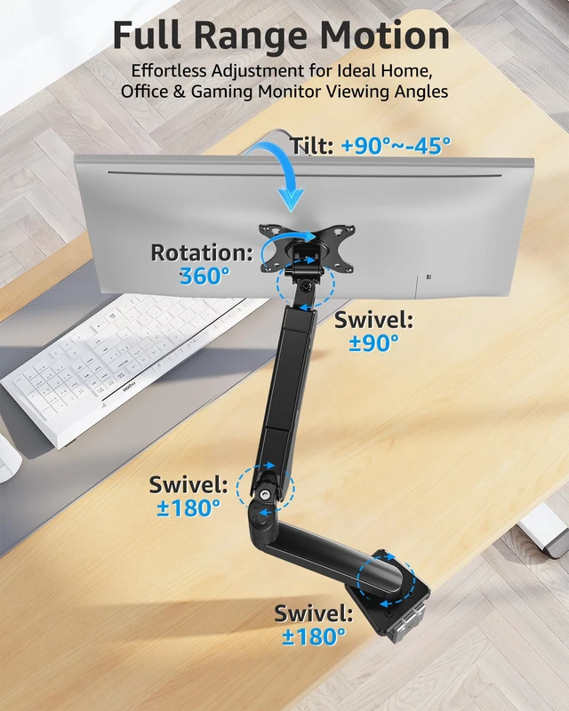 Alt view image 5 of 7 - Single Monitor Desk Mount Holds Screen up to 32 inch, Height Adjustable Monitor Arm, Full Motion Computer Monitors Stand with Clamp/Grommet Base, VESA Mounts Fit 4.4-19.8lbs Computer, Black