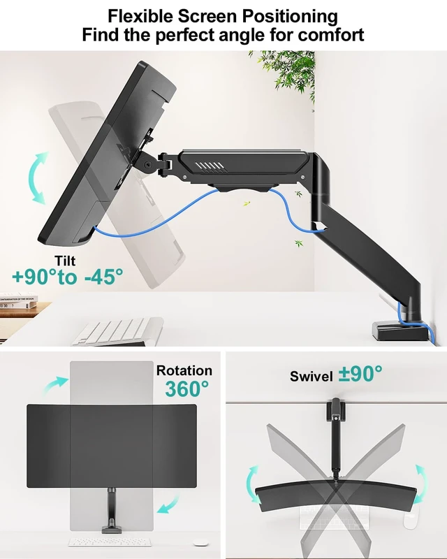 Alt view image 3 of 7 - Single Desk Mount, 19-34 inch Adjustable Full Motion Monitor Arm, Computer Monitor Stand Holder with Clamp and Grommet Base, Fits 4.4 to 19.8lbs Screens, VESA Mount Bracket, Black