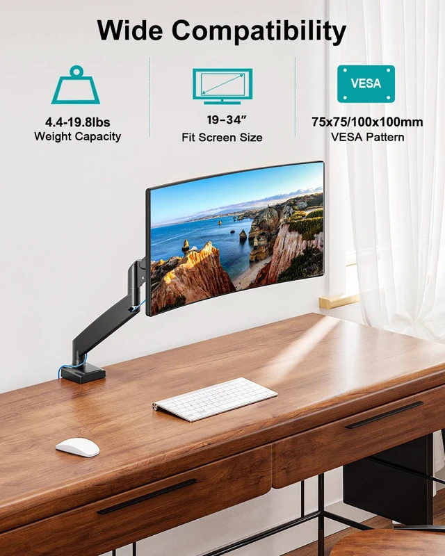 Alt view image 4 of 7 - Single Desk Mount, 19-34 inch Adjustable Full Motion Monitor Arm, Computer Monitor Stand Holder with Clamp and Grommet Base, Fits 4.4 to 19.8lbs Screens, VESA Mount Bracket, Black