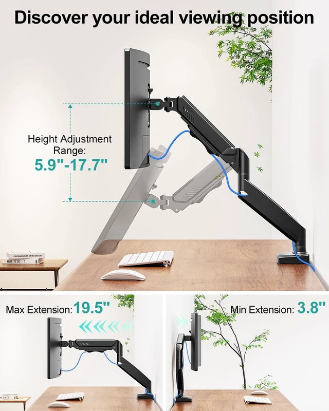 Alt view image 2 of 7 - Single Desk Mount, 19-34 inch Adjustable Full Motion Monitor Arm, Computer Monitor Stand Holder with Clamp and Grommet Base, Fits 4.4 to 19.8lbs Screens, VESA Mount Bracket, Black
