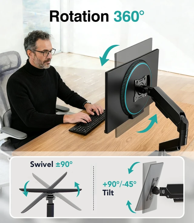 Alt view image 4 of 7 - Single Monitor Arm, Monitor Mount for 17-32 inch Screens Gas Spring Adjustable Monitor Stand, Vesa Mount with Clamp and Grommet Aluminum Base - Fits 4.4 to 22lbs LCD Computer Monitors