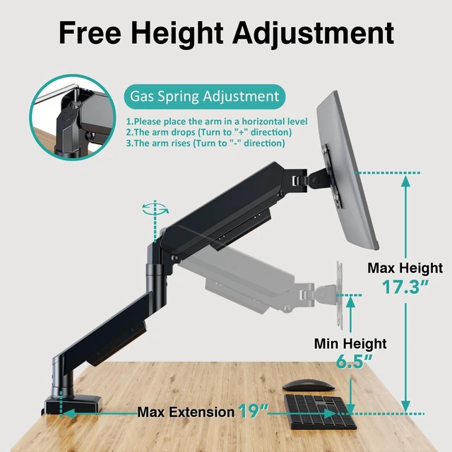 Alt view image 6 of 7 - Single Monitor Arm, Monitor Mount for 17-32 inch Screens Gas Spring Adjustable Monitor Stand, Vesa Mount with Clamp and Grommet Aluminum Base - Fits 4.4 to 22lbs LCD Computer Monitors