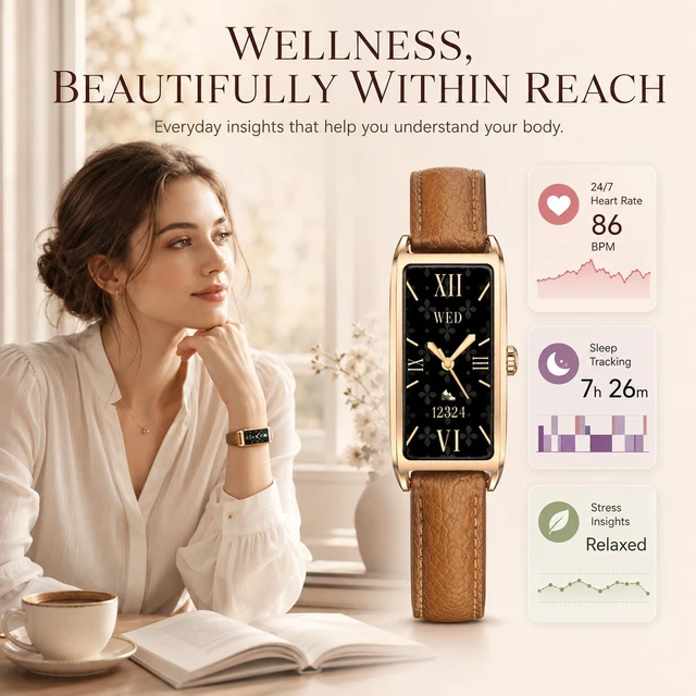 Alt view image 4 of 7 - Elegant Smart Watch for Women AMOLED Fitness Tracker with Leather Band | 24/7 heart rate, sleep and stress insights, 12 sport modes, cycle reminders, IP68 waterproof, up to 7-day battery