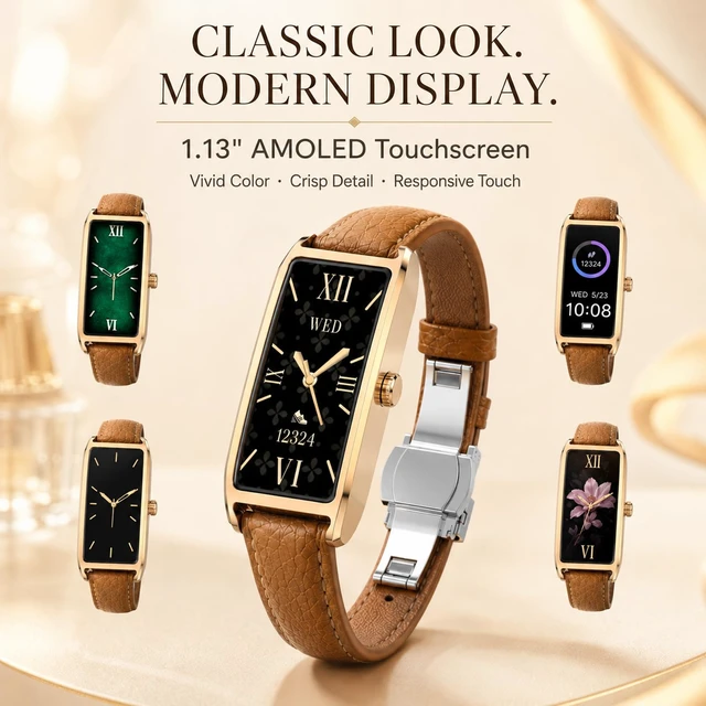 Alt view image 3 of 7 - Elegant Smart Watch for Women AMOLED Fitness Tracker with Leather Band | 24/7 heart rate, sleep and stress insights, 12 sport modes, cycle reminders, IP68 waterproof, up to 7-day battery