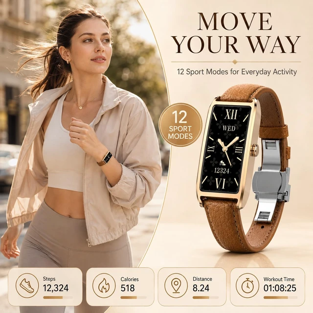 Alt view image 5 of 7 - Elegant Smart Watch for Women AMOLED Fitness Tracker with Leather Band | 24/7 heart rate, sleep and stress insights, 12 sport modes, cycle reminders, IP68 waterproof, up to 7-day battery
