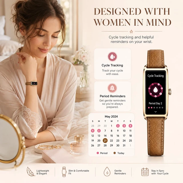 Alt view image 6 of 7 - Elegant Smart Watch for Women AMOLED Fitness Tracker with Leather Band | 24/7 heart rate, sleep and stress insights, 12 sport modes, cycle reminders, IP68 waterproof, up to 7-day battery