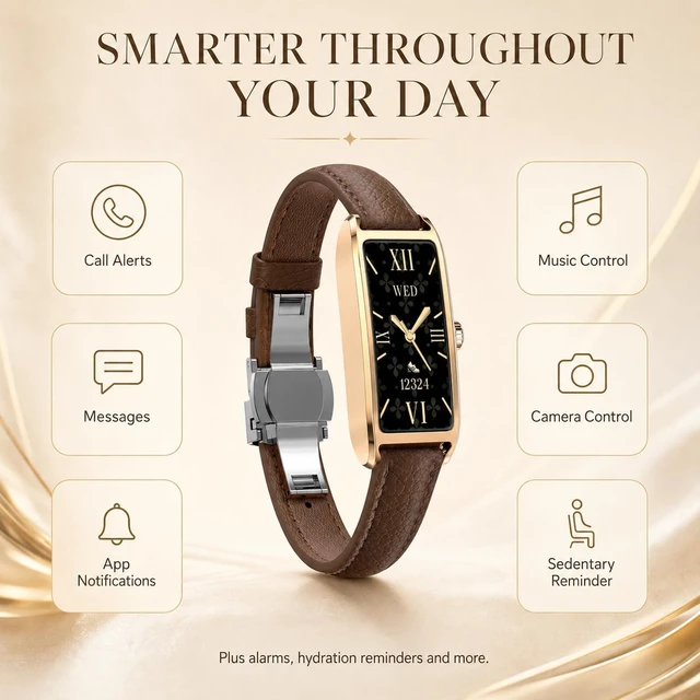 Alt view image 7 of 7 - Elegant Smart Watch for Women AMOLED Fitness Tracker with Leather Band | 24/7 heart rate, sleep and stress insights, 12 sport modes, cycle reminders, IP68 waterproof, up to 7-day battery